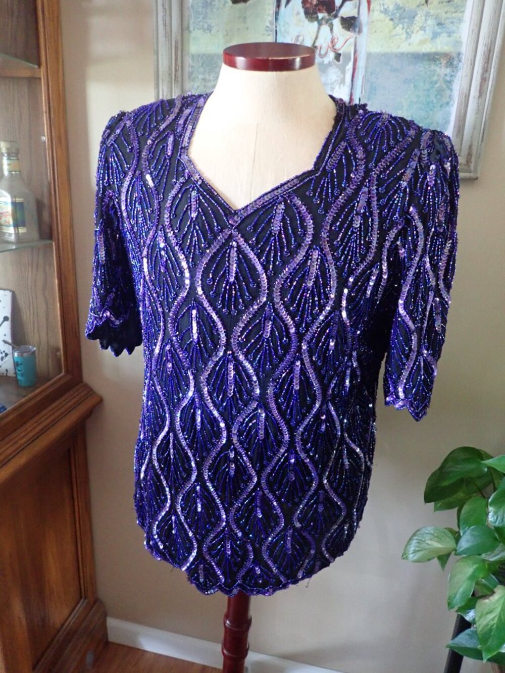 Vintage 100% Silk Beaded Sequined Top Blouse Purple Size L/XL India